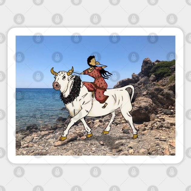 Europa, Princess of Tyre, Mother of Minos - and the Bull Zeus - leaving Crete Sticker by GreekMythComix